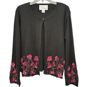 Sarah Elizabeth Black Cardigan with Pink Floral Embroidery